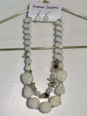 Cream Beige 2 Layer Beaded Statement Necklace Earring Set